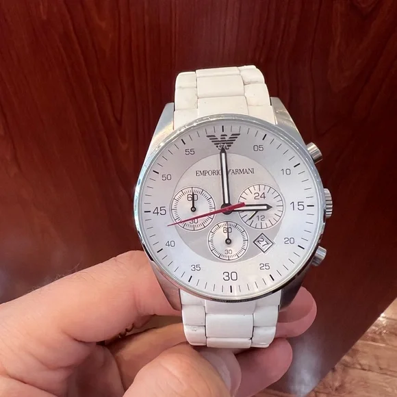 Emporio Armani Silver and White Chronograph Watch - Picture 1 of 5